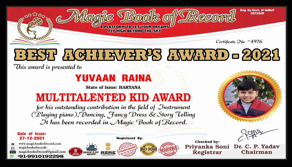 Yuvaan Raina Magic Book of Record
